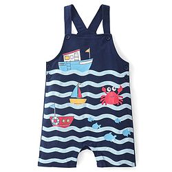 Babyhug Single Jersey Knit Dungaree with Half Sleeves T-Shirt Text & Boat Print - Yellow & Blue