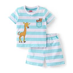 Babyhug Single Jersey Half Sleeves Striped Night Suit Giraffe & Bear Print - Light Blue