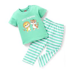 Babyhug Cotton Knit Half Sleeves Lion & Tiger Printed Night Suit - Green