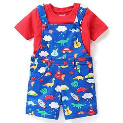 Babyhug Single Jersey Knit Dungaree &  Half Sleeves T-Shirt Dino Print - Red & Blue