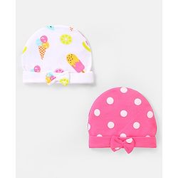 Babyhug 100% Cotton Caps with Bow Applique Ice Cream & Polka Dots Print Pack of 2 - Yellow White & Pink
