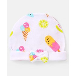 Babyhug 100% Cotton Caps with Bow Applique Ice Cream & Polka Dots Print Pack of 2 - Yellow White & Pink