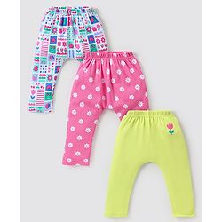 Babyhug Cotton Knit Full Length Diaper Leggings with Floral Print Pack of 3 - Multicolour