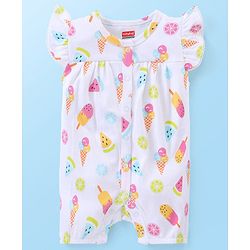 Babyhug 100% Cotton Knit Frill Sleeves Ice Cream Printed Romper - White