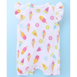 Babyhug 100% Cotton Knit Frill Sleeves Ice Cream Printed Romper - White