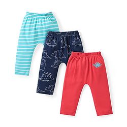 Babyhug Cotton Knit Full Length Diaper Leggings with Dino & Striped Pattern Pack of 3 - Multicolor