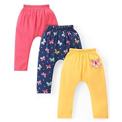 Babyhug Cotton Knit Full Length Diaper Leggings with Butterfly & Polka Dots Print Pack of 3 - Multicolor