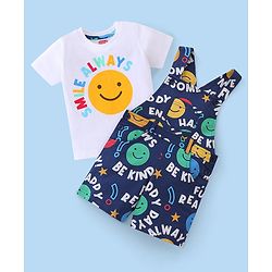 Babyhug 100% Cotton Knit Dungaree and Half Sleeves T-Shirt Set with Text Print - Blue