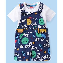 Babyhug 100% Cotton Knit Dungaree and Half Sleeves T-Shirt Set with Text Print - Blue
