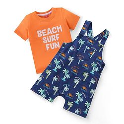 Babyhug Single Jersey Knit Beach Theme Printed Dungaree with Half Sleeves T-Shirt - Orange & Blue