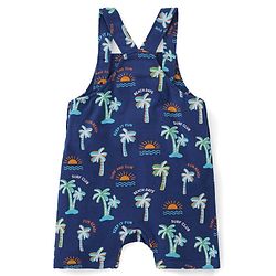 Babyhug Single Jersey Knit Beach Theme Printed Dungaree with Half Sleeves T-Shirt - Orange & Blue