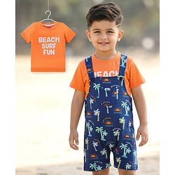 Babyhug Single Jersey Knit Beach Theme Printed Dungaree with Half Sleeves T-Shirt - Orange & Blue