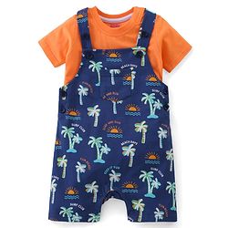 Babyhug Single Jersey Knit Beach Theme Printed Dungaree with Half Sleeves T-Shirt - Orange & Blue