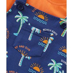 Babyhug Single Jersey Knit Beach Theme Printed Dungaree with Half Sleeves T-Shirt - Orange & Blue
