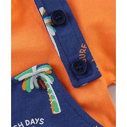 Babyhug Single Jersey Knit Beach Theme Printed Dungaree with Half Sleeves T-Shirt - Orange & Blue