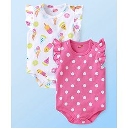 Babyhug 100% Cotton Knit Frill Sleeves Polka Dots & Ice Cream Printed Onesies Pack of 2 - White & Pink