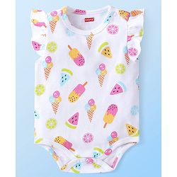 Babyhug 100% Cotton Knit Frill Sleeves Polka Dots & Ice Cream Printed Onesies Pack of 2 - White & Pink