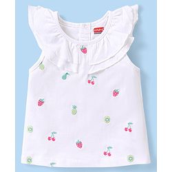 Babyhug Cotton Knit Sleeveless Top with Frills & Fruit Graphics -White