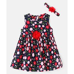 Babyhug Cotton Jersey Knit Sleeveless Floral Printed Frock with Headband  - Navy