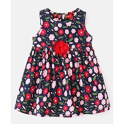Babyhug Cotton Jersey Knit Sleeveless Floral Printed Frock with Headband  - Navy