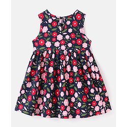 Babyhug Cotton Jersey Knit Sleeveless Floral Printed Frock with Headband  - Navy