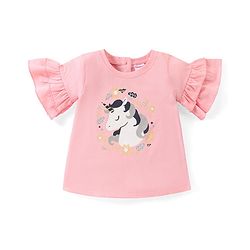 Babyhug Cotton Knit Half Sleeves Unicorn Print Top with Frill and Glitter Detailing - Pink