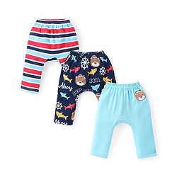 Babyhug Cotton Knit Full Length Striped Diaper Leggings Shark Print  Pack of 3 - Multicolour