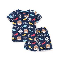 Babyhug Cotton Knit Half Sleeves Teddy Printed Night Suit - Multicolour