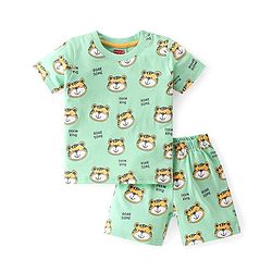Babyhug Cotton Knit Half Sleeves Night Suit With Tiger Print - Multicolor
