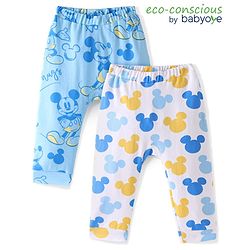 Babyoye Disney Interlock Knit Full Length Diaper Leggings With Mickey Mouse Graphics Pack Of 2 - Blue & White