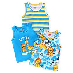 Babyhug 100% Cotton Knit Sleeveless Sando Stripes & Jungle Safari Theme Pack of 3 - Blue Yellow & White