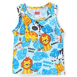 Babyhug 100% Cotton Knit Sleeveless Sando Stripes & Jungle Safari Theme Pack of 3 - Blue Yellow & White
