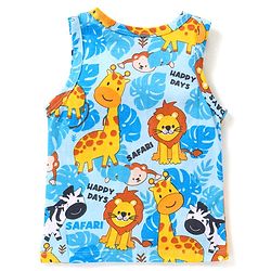 Babyhug 100% Cotton Knit Sleeveless Sando Stripes & Jungle Safari Theme Pack of 3 - Blue Yellow & White