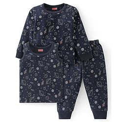 Babyhug Full Sleeves Solid Thermal Vests & Pant Set Space Print - Dark Grey