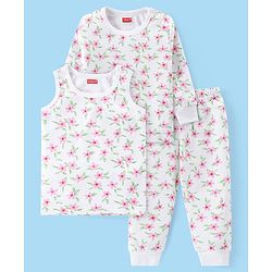 Babyhug Full Sleeves Vest Pullover & Pant Thermal Wear Combo Floral Print - Off White