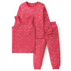 Babyhug Cotton Full Sleeves & Sleeveless Thermal Vests & Pant Set with Snow Print - Pink