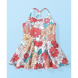 Babyhug Sleeveless Frock Style Swimsuit With Floral Print- Multicolor