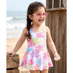 Babyhug Sleeveless Frock Style Swimsuit With Palm Tree Print- Multicolor