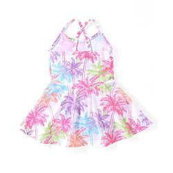 Babyhug Sleeveless Frock Style Swimsuit With Palm Tree Print- Multicolor