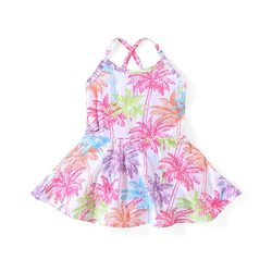 Babyhug Sleeveless Frock Style Swimsuit With Palm Tree Print- Multicolor