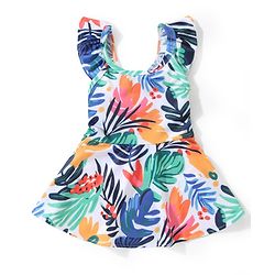Babyhug Frill Sleeves  Frock Style Swimsuit with Leaves Print - Multicolour
