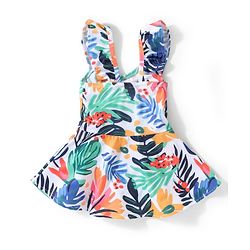 Babyhug Frill Sleeves  Frock Style Swimsuit with Leaves Print - Multicolour