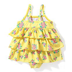 Babyhug Sleeveless Frock Style Swimsuit With Floral Print & Frill Detailing- Yellow