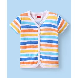 Babyhug 100% Cotton Knit Half Sleeves Front Open Vest Stripes & Dino Print Pack Of 3 - White Yellow & Blue