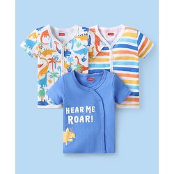 Babyhug 100% Cotton Knit Half Sleeves Front Open Vest Stripes & Dino Print Pack Of 3 - White Yellow & Blue