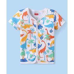 Babyhug 100% Cotton Knit Half Sleeves Front Open Vest Stripes & Dino Print Pack Of 3 - White Yellow & Blue