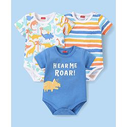 Babyhug 100% Cotton Knit Half Sleeves Onesie With Animal Print Pack of 3 - Multicolor