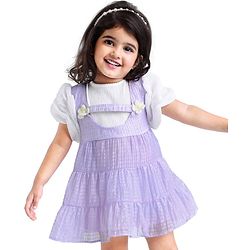 Babyhug Half Sleeves Fit & Flared  Party Frock with Floral Corsage - Lavender & White