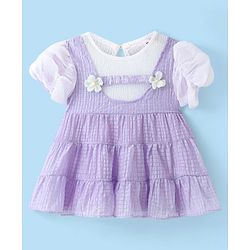 Babyhug Half Sleeves Fit & Flared  Party Frock with Floral Corsage - Lavender & White