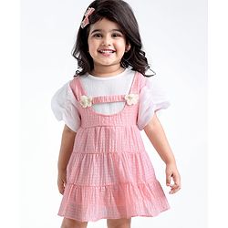 Babyhug Half Sleeves Fit & Flared Party Frock with Floral Corsage - Pink & White